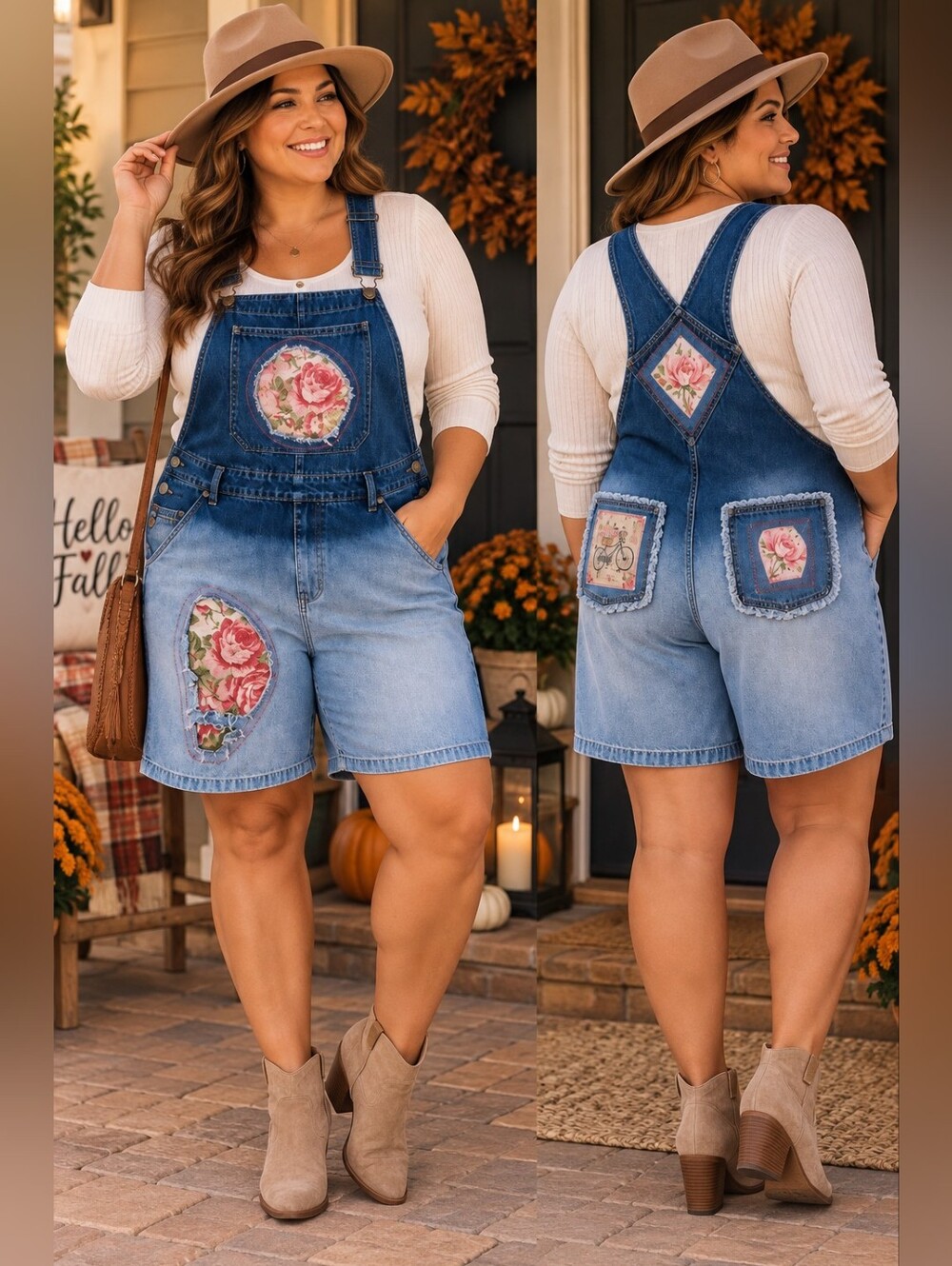 Vintage Route 66 Denim Short Overalls Floral Appliqué Boho Cottagecore Size 20